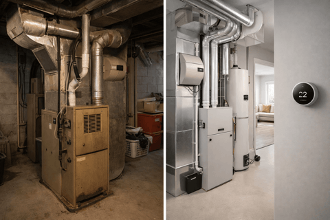 Old furnace and ductwork before-and-after replacement example in a Toronto-area home