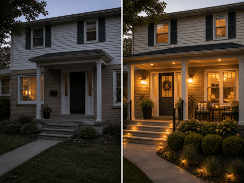 Front porch before-and-after example showing board repairs and stair upgrade in a Toronto-area home