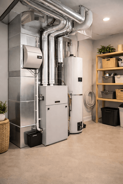 Older furnace and duct setup in a basement utility room before HVAC replacement